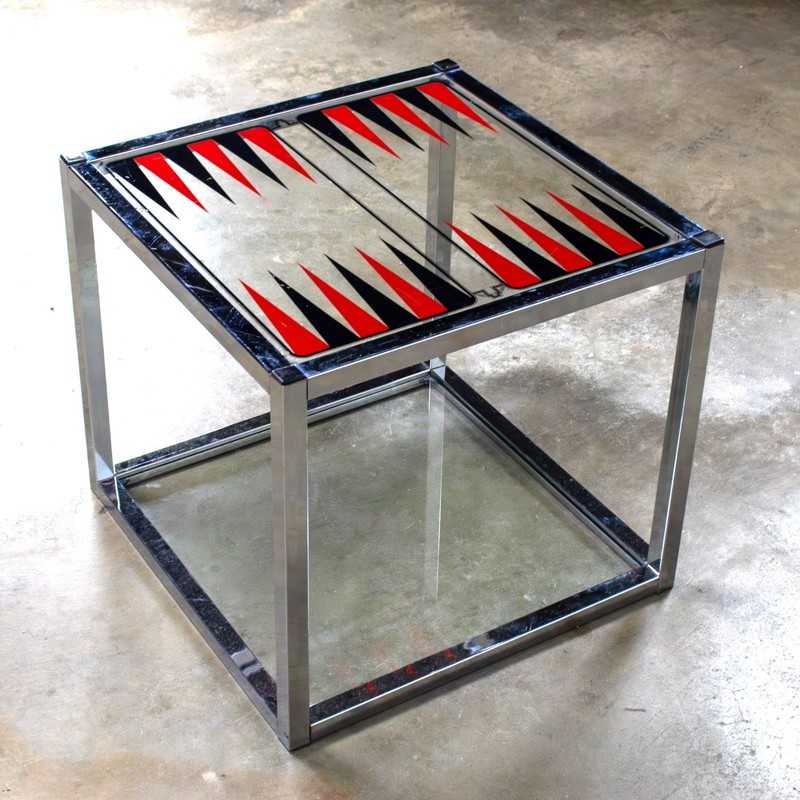 Mid-20th MCM Game End or Side Table Chrome Cube Frame & Backgammon Glass Top