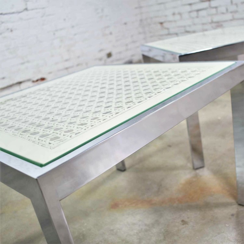 Pr Chrome & White Cane Square Side Tables Glass Top Mid Century Modern to Modern gallery