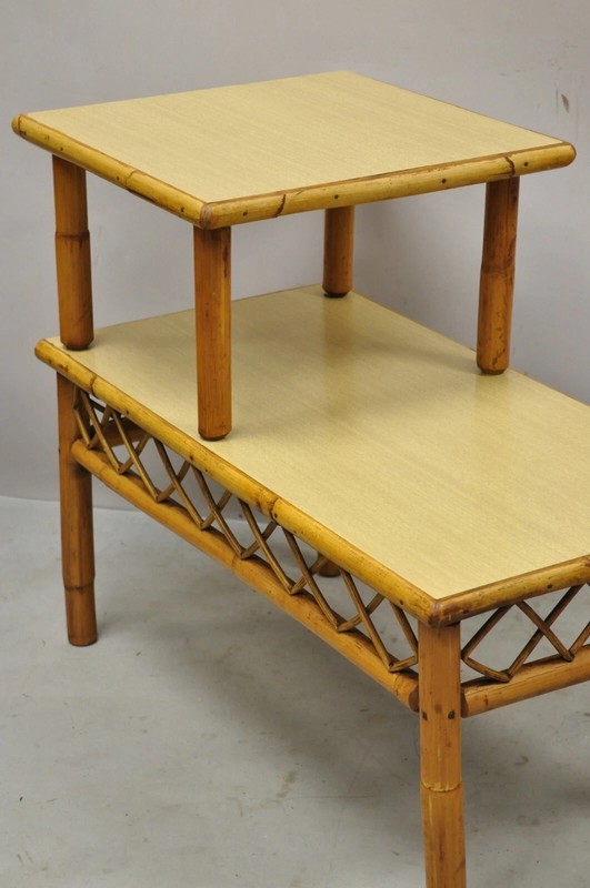 Vintage Mid Century Modern Tiki Room Rattan Bamboo Step Up End Tables - a Pair gallery