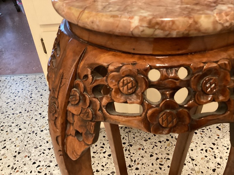 Vintage Hand Carved Rosewood Marble Top Pedesatal Table.36” Tall. gallery