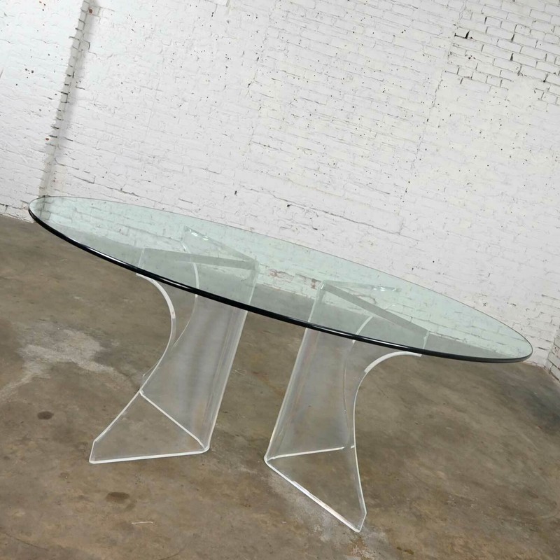 Modern Hollywood Regency Art Deco Lucite Sculptural Dining Table Oval Glass Top