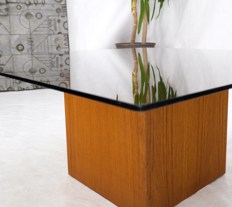 Teak Cube & Brass X Base Danish Modern Bronze Smoked Square Glass Coffee Table gallery