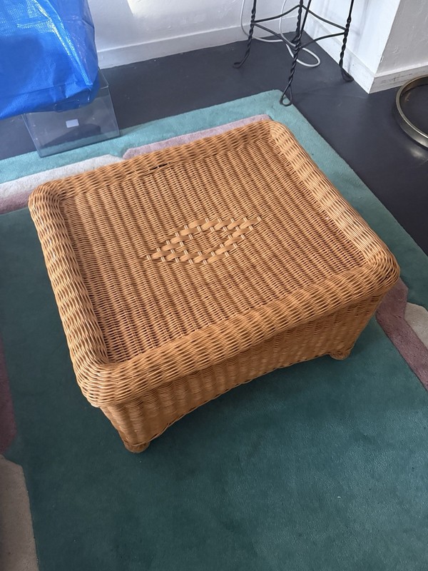 Vintage 1960s Handcrafted Wicker Coffee Table Ottoman Mid Century Boho Coastal
