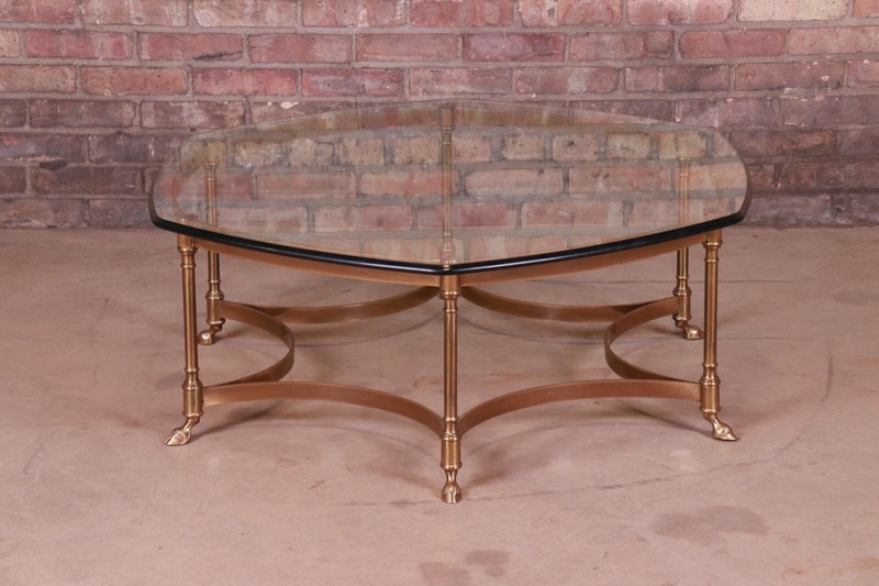 Labarge Hollywood Regency Brass and Glass Hooved Feet Cocktail Table, Circa 1960
