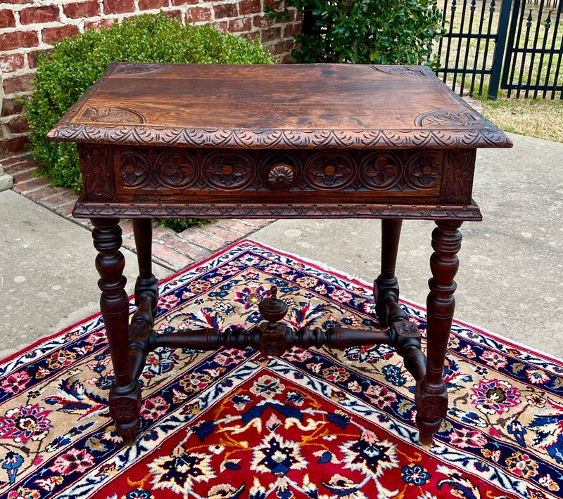 Antique French Desk Writing Table Nightstand PETITE Drawer Carved Oak c. 1900 gallery