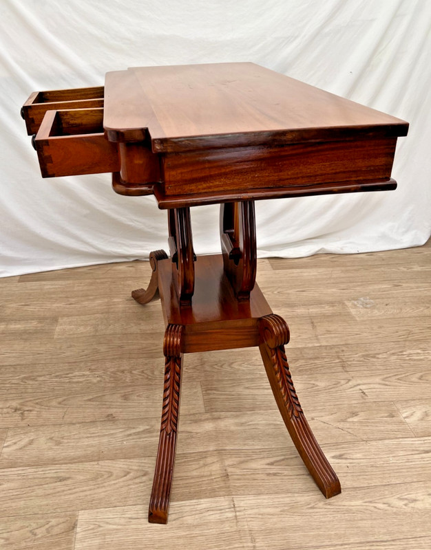 Console Table Lyre Violin Double Harp Pedestal Base Two Drawers Carved Walnut gallery