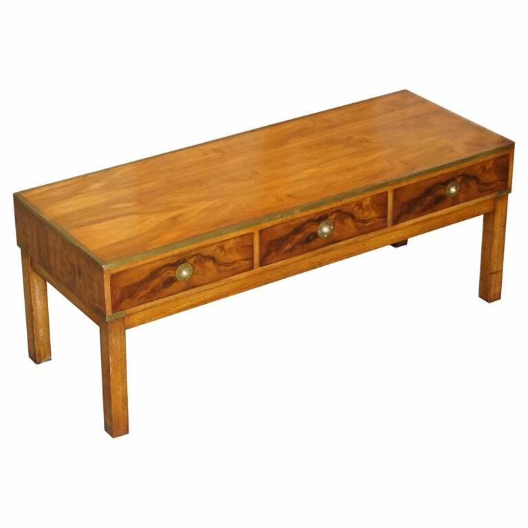 LOVELY RESTORED BURR WALNUT & BRASS MILITARY CAMPAIGN THREE DRAWER COFFEE TABLE