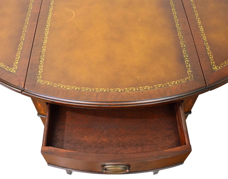 1940s Mahogany Pembroke Table Drop Leaves Gold Trimmed Leather Top and Drawer gallery