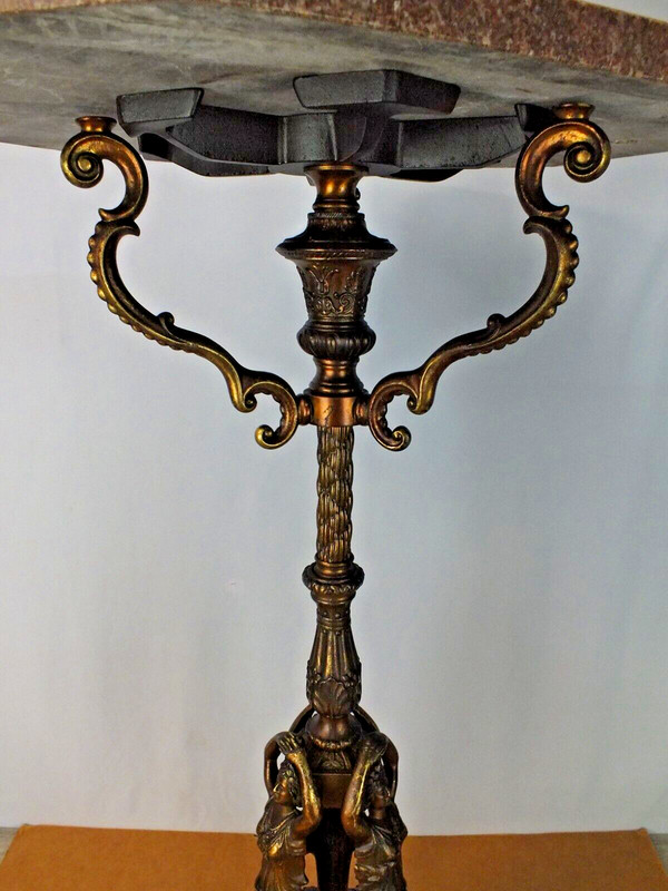 Neoclassical Marble Top Stand Table Bronze Brass with Cast Iron Polychrome Base gallery