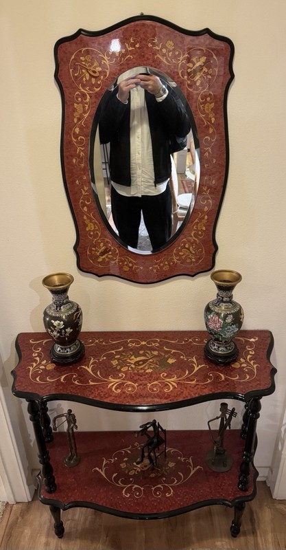 Mid Century Italian Marquetry Hall Table with Inlaid Floral Mirror