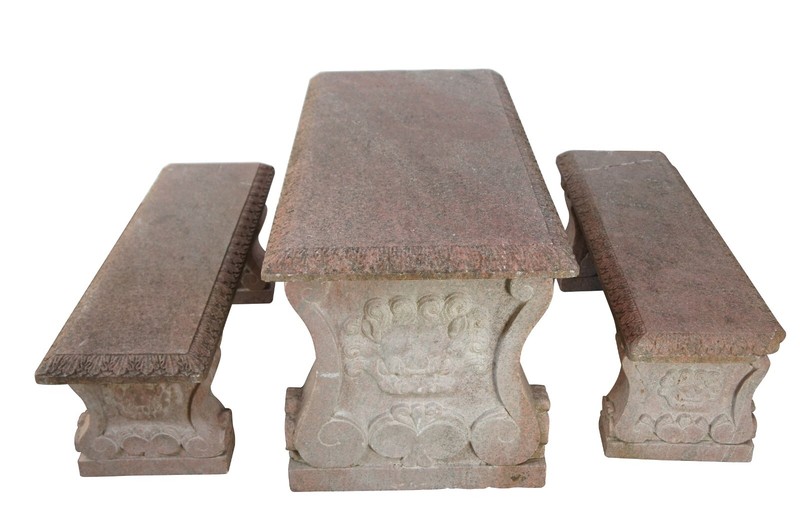 Vintage Italian Granite Carved Stone Outdoor Picnic Dining Table & Benches 50″