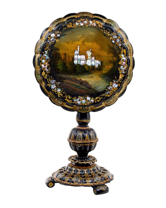 19TH CENTURY PAPIER MACHE AND PAINTED MOTHER OF PEARL INLAID TILT-TOP TABLE gallery