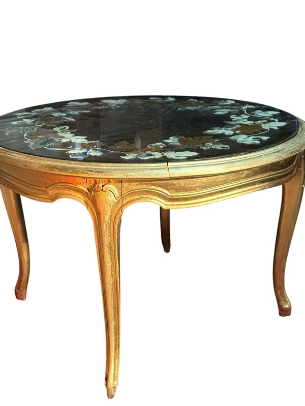 Antique Victorian Round Gold Coffee Table Floral Glass Top Wood Carvings