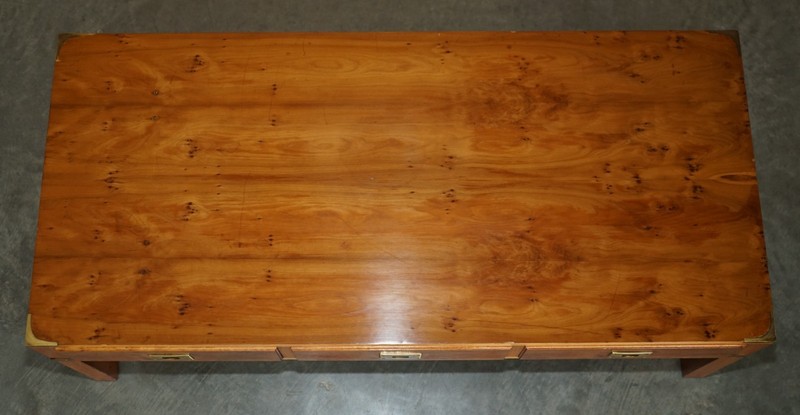 LIGHTLY RESTORED BURR WALNUT & BRASS MILITARY CAMPAIGN THREE DRAWER COFFEE TABLE gallery