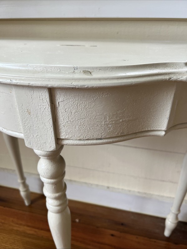 Antique Demi-Lune Console Table Solid Wood – Off White Painted – Turned Legs 24” gallery