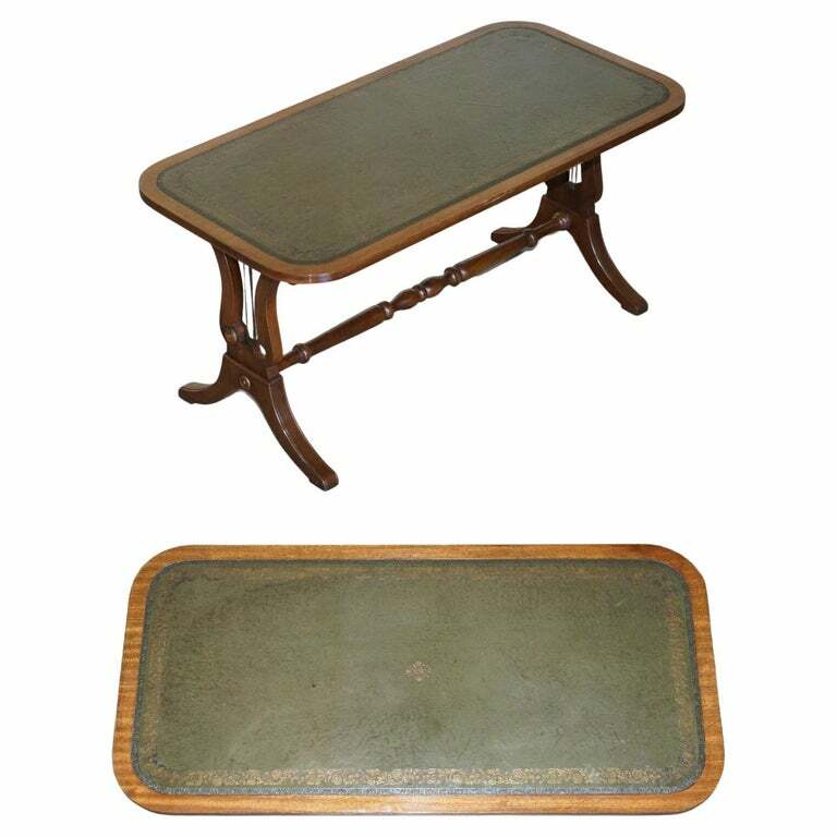 MEDIUM SIZED GREEN LEATHER & MAHOGANY BEVAN FUNNELL COFFEE TABLE NICE PATINA