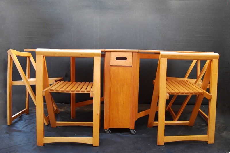 Vintage MCM Drop Leaf Dining Table 4 Trieste Folding Chairs Set Rolling Storage
