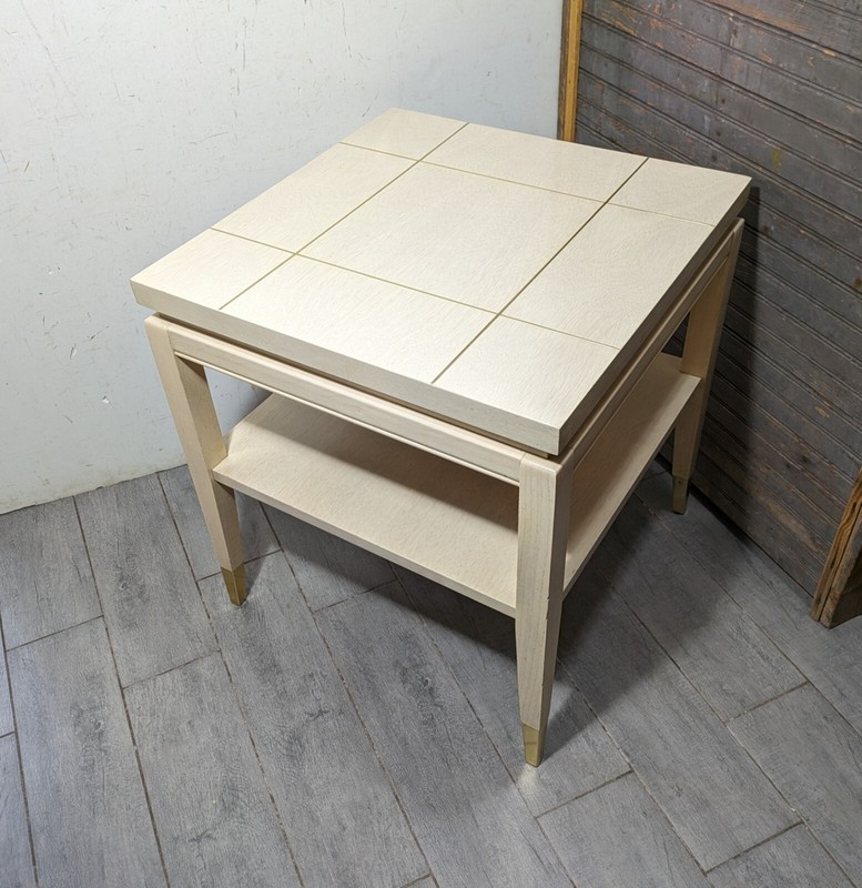 Vintage 1950s Lane Mid Century Modern Blonde Formica Brass 2-Tier End Table 1686
