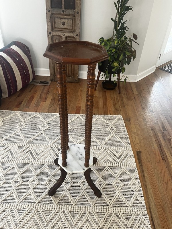Vintage Traditional Turned Walnut & Marble Plant Stand Pedestal gallery
