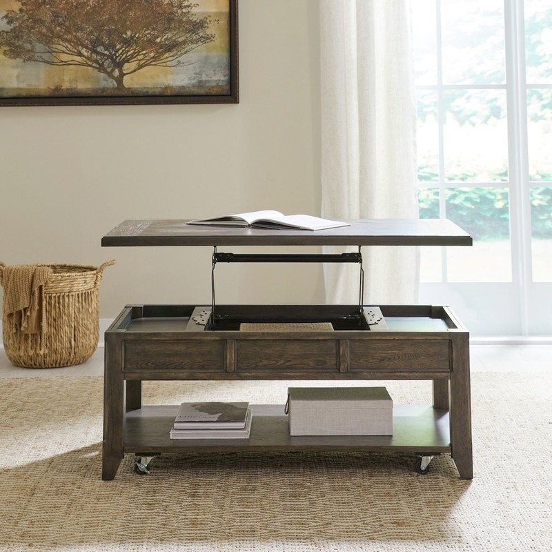 Lift Top Cocktail Table with Wheels, Hidden Storage – Saddle Brown Oak Wood