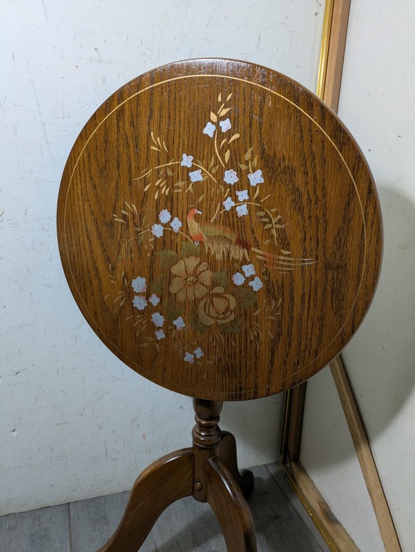 Vintage Oak Wood Round Tilt Top Pedestal Table Stenciled Rustic Country Cottage gallery