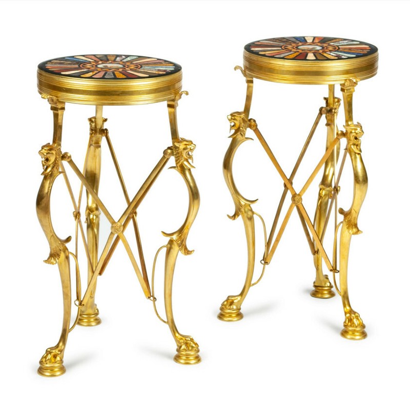 SPECTACULAR 19TH C NEOCLASSICAL PIETRA DURA TOPPED BRONZE GUERIDON TABLES