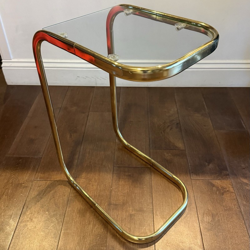 Vintage MCM Milo Baughman Style Brass Tone Glass Top Cantilever Side Table