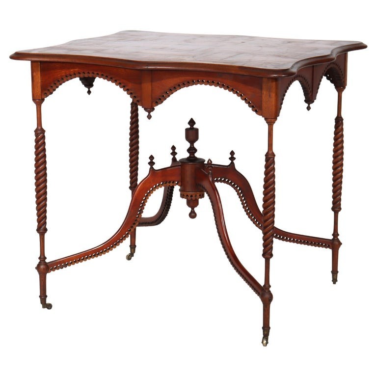 Antique Folk Art Carved Mixed Wood Parquetry & Inlaid Lamp Table c1920