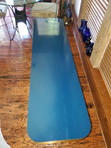 Vintage Mid-Century Modern Electric Blue Sofa or Console Table Brass Trim gallery