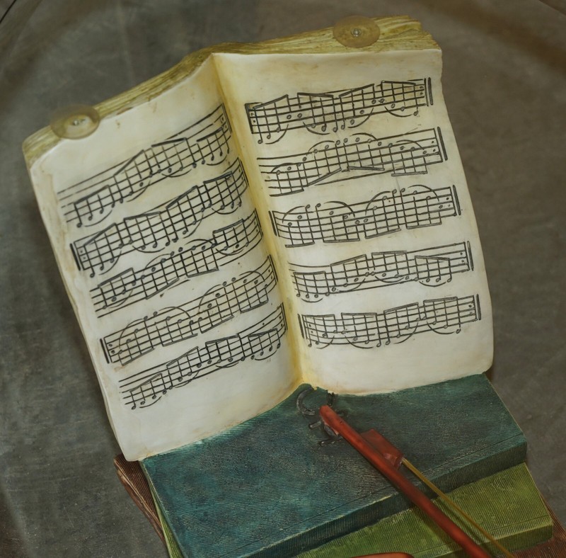 SUPER DECORATIVE MOZART STACKED BOOKS & VIOLIN COFFEE TABLE WITH GLASS OVAL TOP gallery
