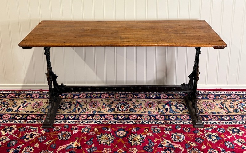 Antique English Bakers Table Sofa Entry Hall Kitchen Island with Cast Iron Base gallery