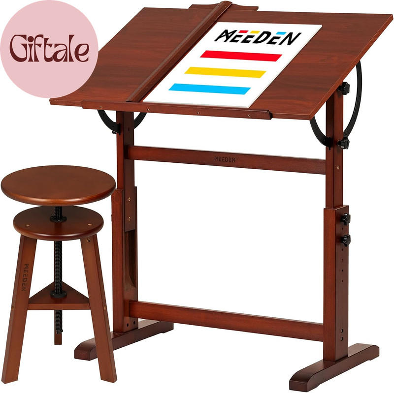 Vintage Wood Drafting Table & Stool Set, Artist Drafting Chair and Craft Table w