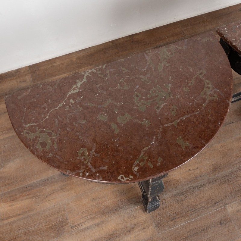 Pair Early 19th Century Swedish Baroque Stone Top Demilune Console Tables gallery