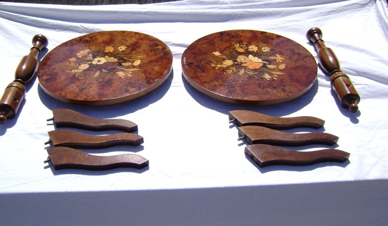 TWO Vintage Italian Marquetry Tables- Floral Inlaid Wood, Round gallery
