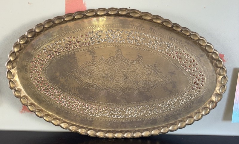 Mid Century Vintage Moroccan Oval Brass Tea Tray Table top 37×22 Patina