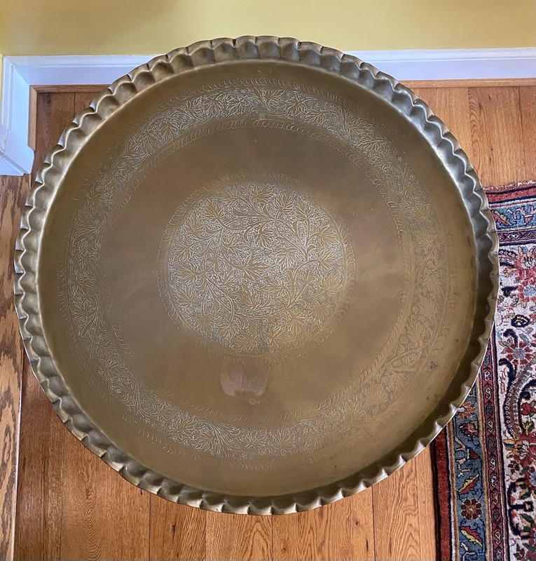 Large Mid-Century Moroccan Etched Brass Tray Table on Folding spider legs gallery