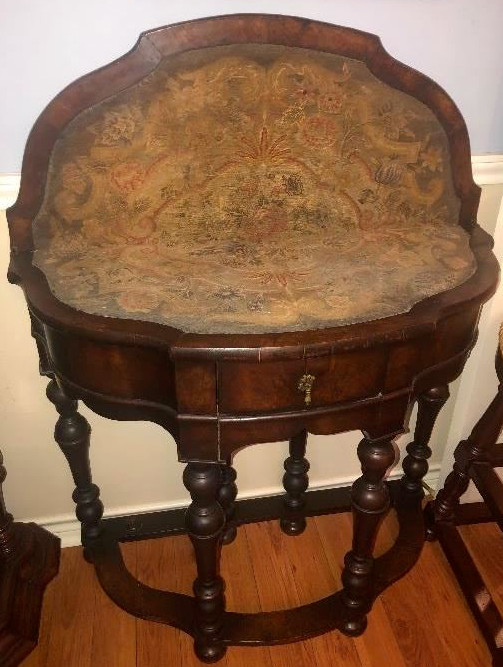 William & Mary Revival Flip Top Gaming Table with Gate Legs and Needlepoint Top