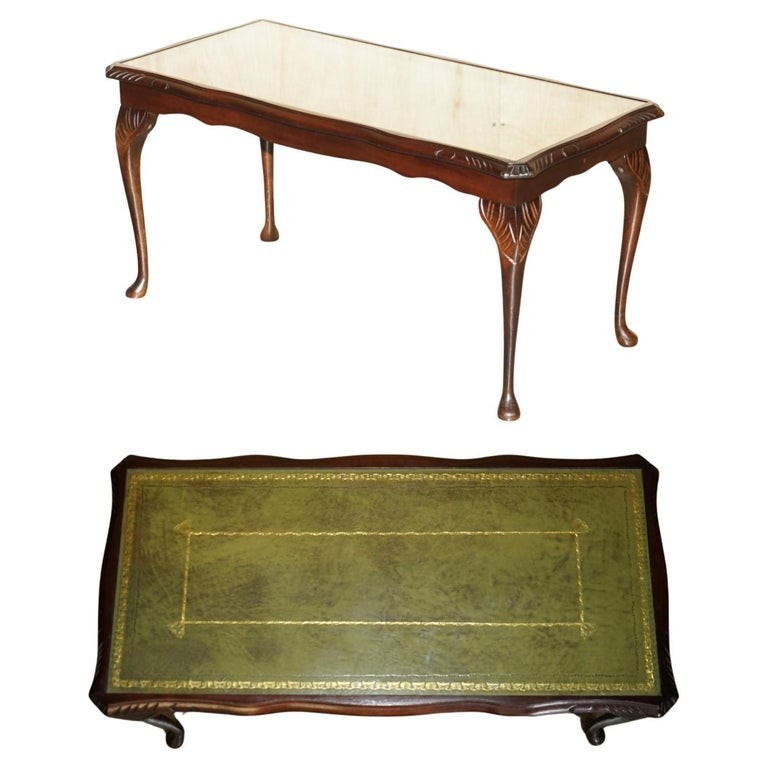 MEDIUM SIZED GREEN LEATHER & BEECH WOOD BEVAN FUNNELL COFFEE TABLE NICE PATINA