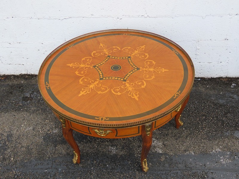 French Inlay Round Coffee Table with Brass Apron 6349 gallery