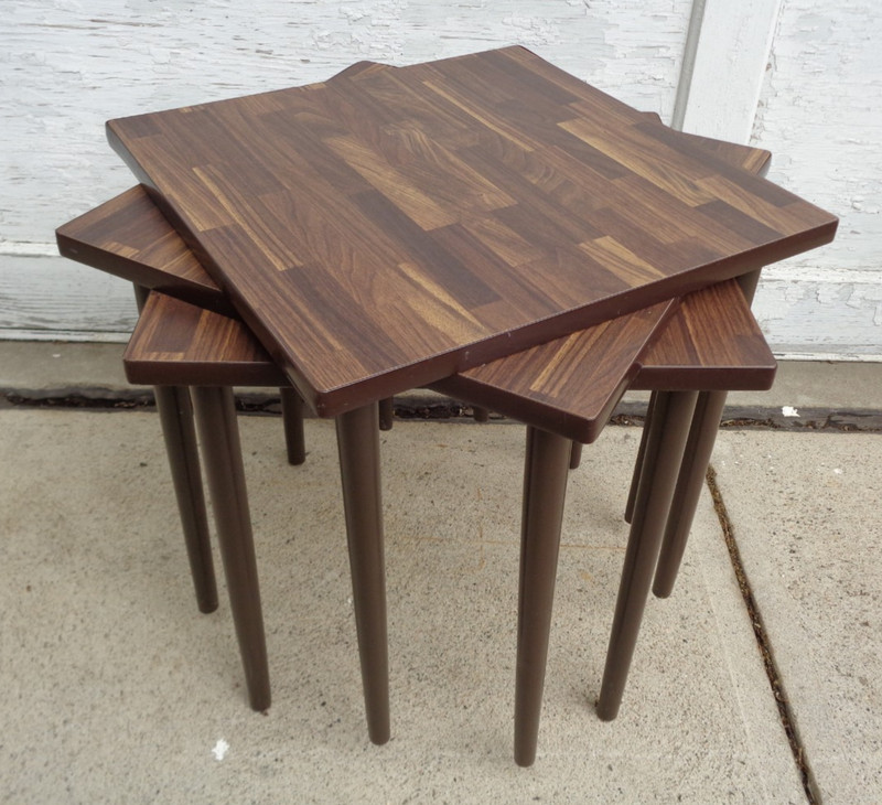 3 Vintage Mid Century Inlaid Look Woodgrain Laminate Stacking Nesting End Tables gallery