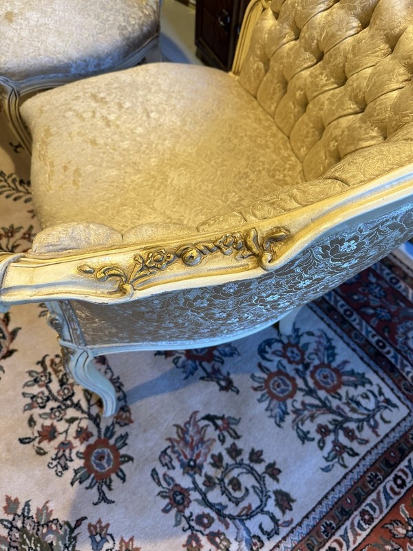 Provincial Set 3 Pieces, 2 Corner Chairs And 1 Table With Marble Top, Antique gallery