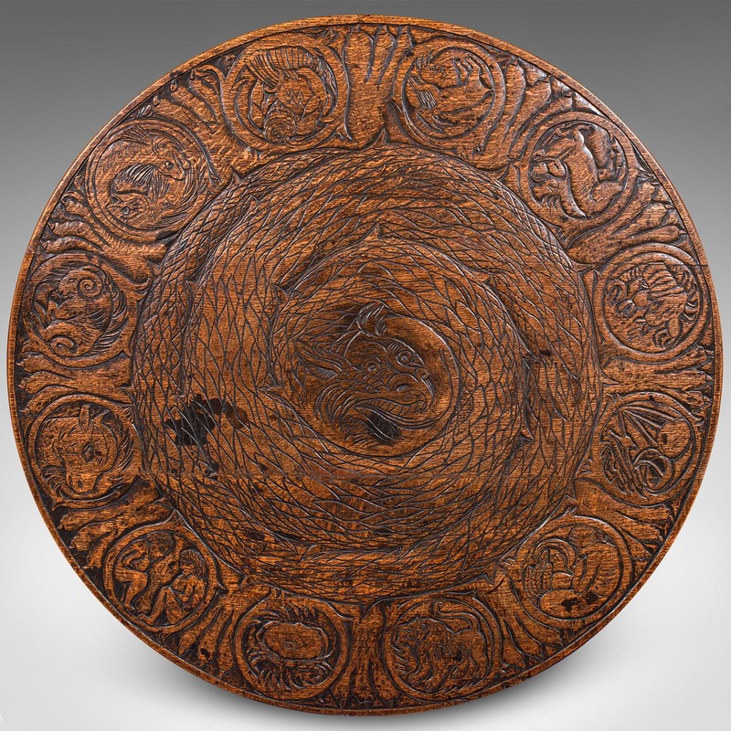 Antique Tarot Parlour Table, English, Oak, Zodiac Carving, Victorian, Circa 1870 gallery