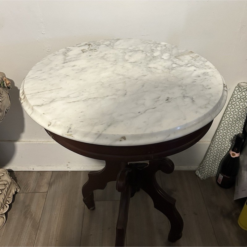 Antique Round Marble Top Wooden Side Table for Living Room or Bedroom