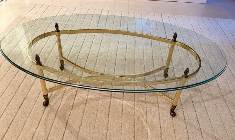 Vintage Labarge Hollywood Regency Brass & Glass Hooved Feet Coffee Table 60’MCM gallery