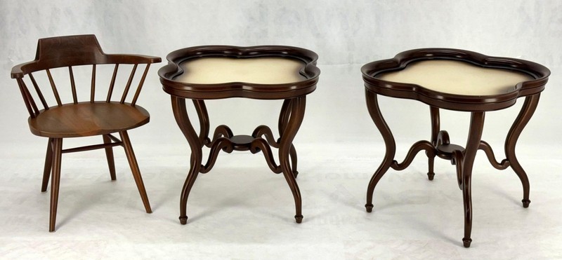 Pair Mahogany Clover Shape Light Cream Leather Top Lamp End Tables Stands MINT! gallery