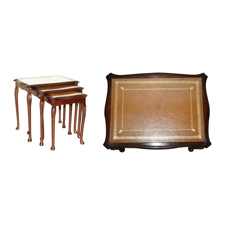 VINTAGE NEST OF THREE GOLD LEAF EMBOSSED BROWN LEATHER TOPS SIDE END WINE TABLES
