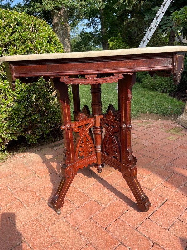 Antique Victorian or Aesthetic Movement Walnut Marble Top Table, c. 1890-1900