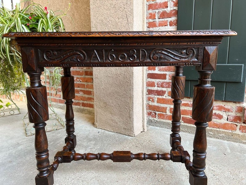 Antique English Carved Oak Hall Sofa Table British Tudor c1900 gallery