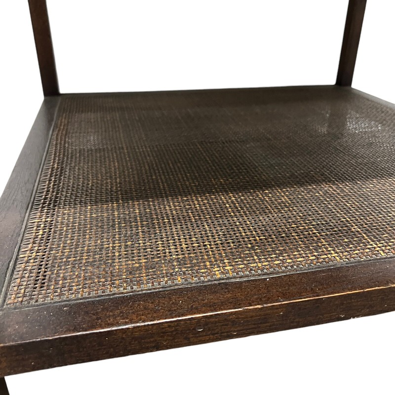 Vintage 1970’s MCM Walnut Wood Square Side / End Table w/ Caned Shelf & Drawer gallery
