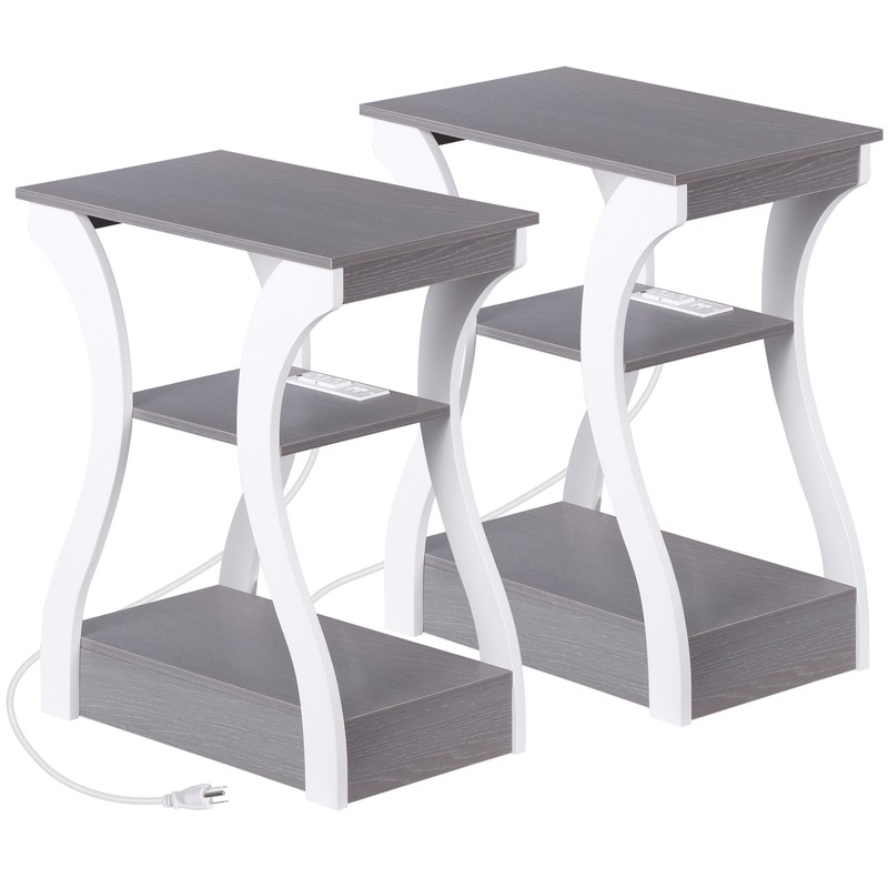 Set of 2 End Table with Charging Station 3 Tier Side Table for Living Room Gray